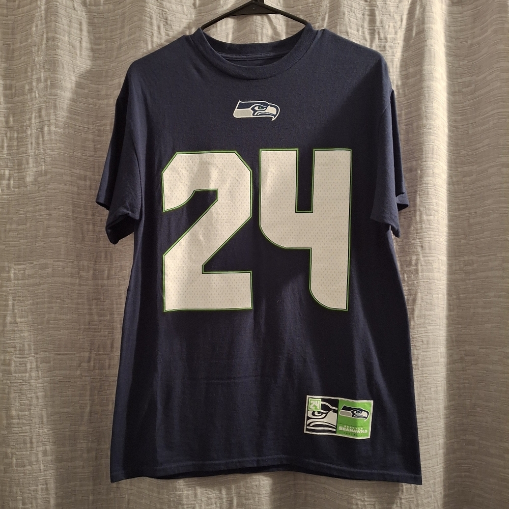 Majestic Seattle Seahawks Jersey Style T-shirt Navy 24 Marshawn Lynch Size M